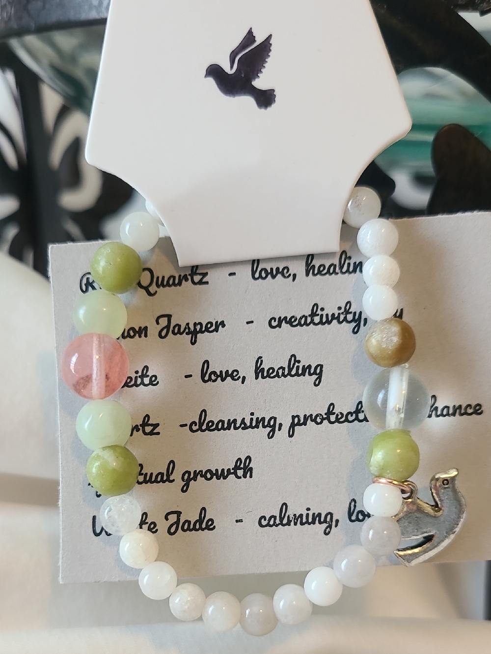 Grey Dove Creations Natural Stone Beaded Bracelet with Dove Charm, NWT